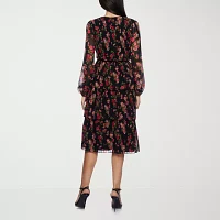 Premier Amour Womens Long Sleeve Floral Midi Fit + Flare Dress