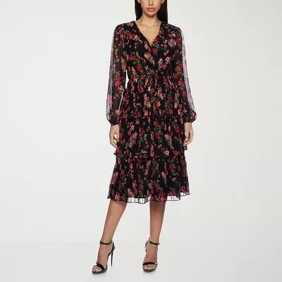 Premier Amour Womens Long Sleeve Floral Midi Fit + Flare Dress