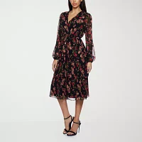 Premier Amour Womens Long Sleeve Floral Midi Fit + Flare Dress