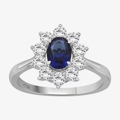 Womens Oval-cut Gemstone & / CT. T.W. Lab-Grown Diamond 10K Gold Halo Cocktail Ring