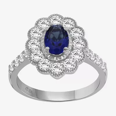 Womens Oval-cut Gemstone & 1 CT. T.W. Lab-Grown Diamond 10K Gold Halo Cocktail Ring