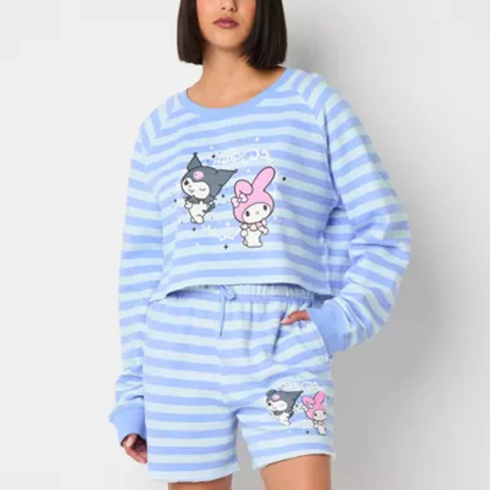 Juniors Kuromi And My Melody Cropped Womens Crew Neck Long Sleeve Hello Kitty Sweatshirt