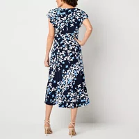 Jessica Howard Womens Short Sleeve Floral Midi Fit + Flare Dress