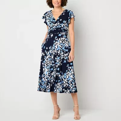 Jessica Howard Womens Short Sleeve Floral Midi Fit + Flare Dress