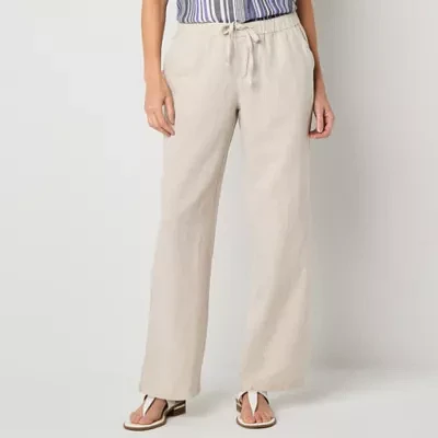 Liz Claiborne Linen Womens Mid Rise Wide Leg Drawstring Pants