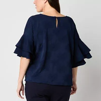 Liz Claiborne Plus Womens Round Neck Short Sleeve Blouse