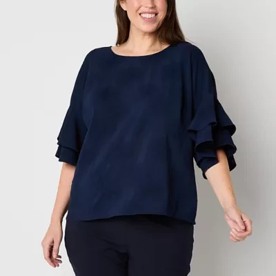 Liz Claiborne Plus Womens Round Neck Short Sleeve Blouse