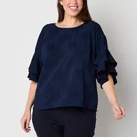 Liz Claiborne Plus Womens Round Neck Short Sleeve Blouse