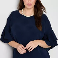 Liz Claiborne Plus Womens Round Neck Short Sleeve Blouse