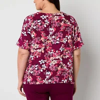 Liz Claiborne Plus Womens Round Neck Short Sleeve Satin Blouse