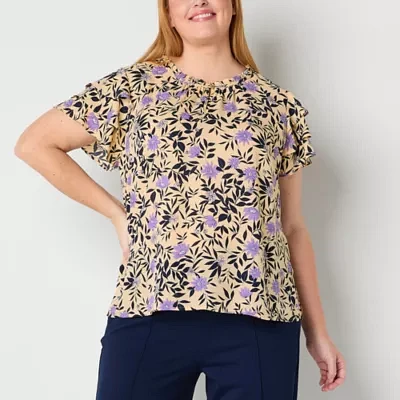 Liz Claiborne Plus Womens Round Neck Short Sleeve Blouse