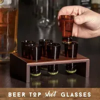 Hammer + Axe Beer Top Shot Glass Set, 6 Bottle Neck Glasses With Wood Display Stand