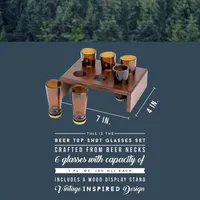 Hammer + Axe Beer Top Shot Glass Set, 6 Bottle Neck Glasses With Wood Display Stand