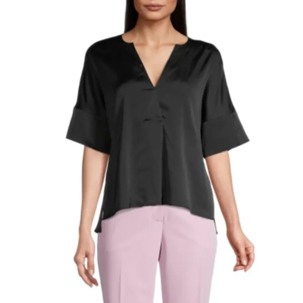 Worthington Womens Y Neck Elbow Sleeve Blouse