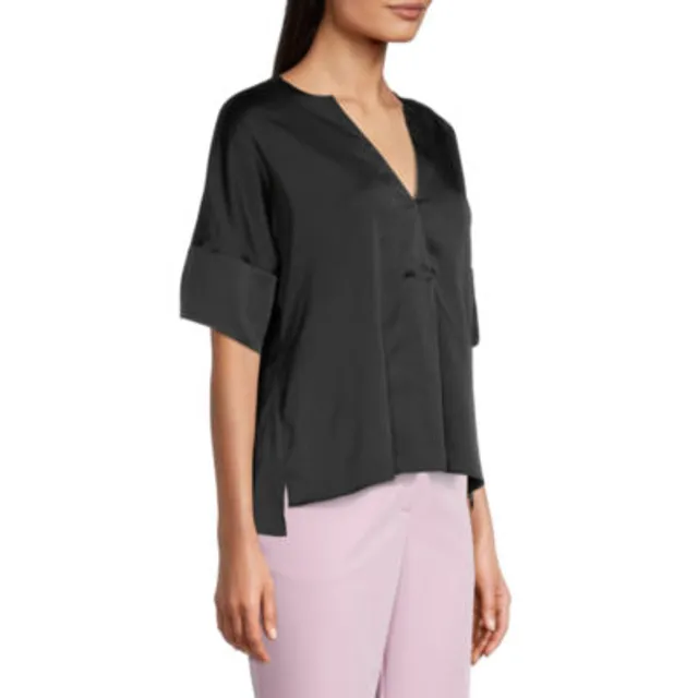 Worthington Womens Y Neck Elbow Sleeve Blouse