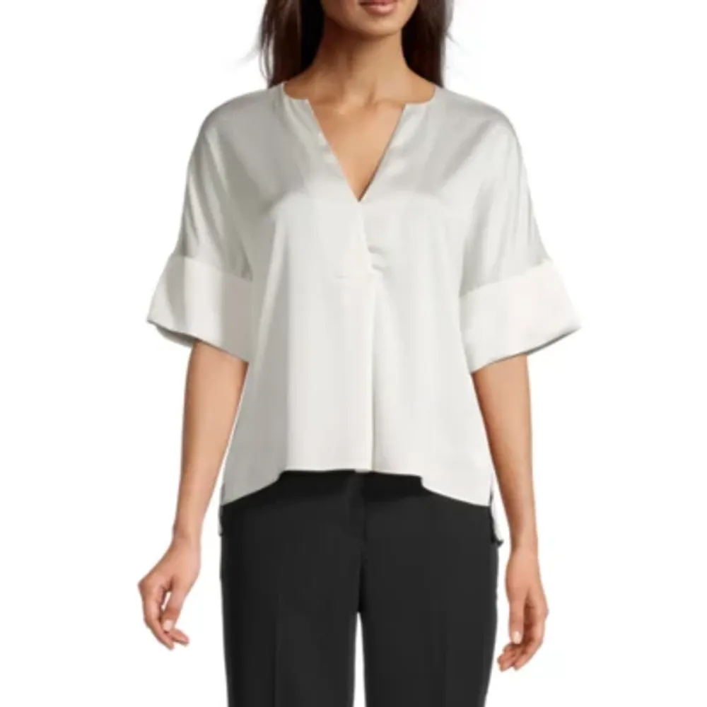 Worthington Womens Y Neck Short Sleeve Blouse