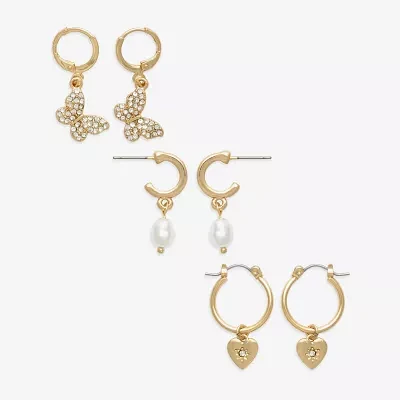 Mixit Gold Tone 3 Pair Glass Simulated Pearl Butterfly Earring Set