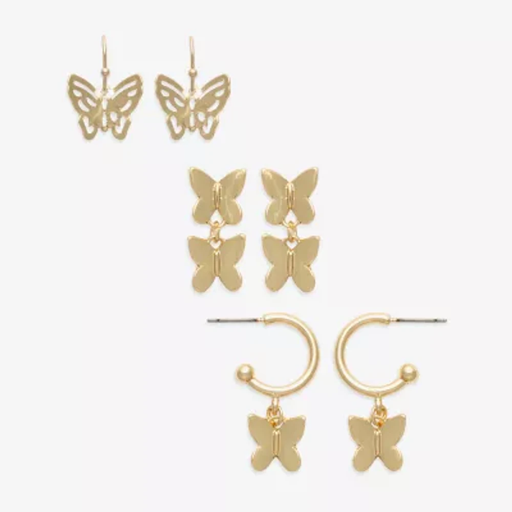 Mixit Gold Tone 3 Pair Butterfly Earring Set