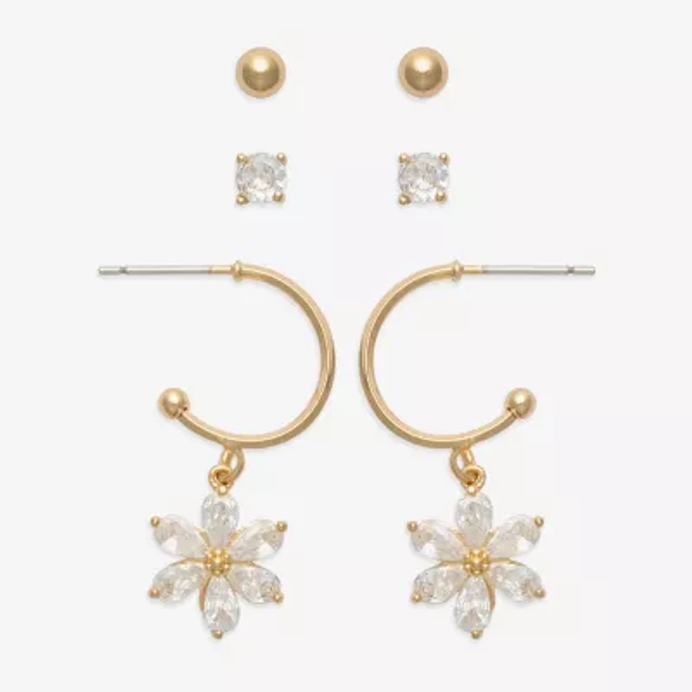 Mixit Gold Tone 3 Pair Cubic Zirconia Flower Earring Set