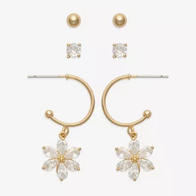 Mixit Gold Tone 3 Pair Cubic Zirconia Flower Earring Set