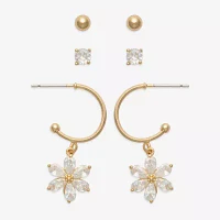 Mixit Gold Tone 3 Pair Cubic Zirconia Flower Earring Set