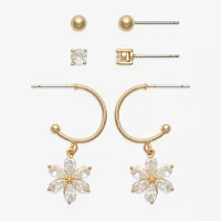 Mixit Gold Tone 3 Pair Cubic Zirconia Flower Earring Set