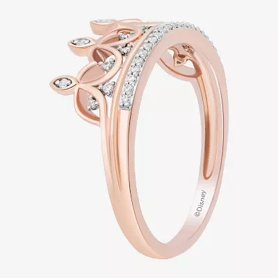 Enchanted Disney Fine Jewelry Womens 1/10 CT. T.W. Natural White Diamond 14K Rose Gold Over Silver Sterling Crown Princess Cocktail Ring