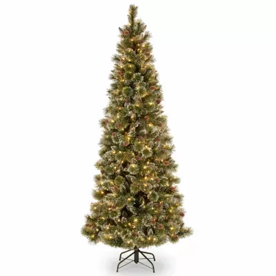 National Tree Co. Glittery Bristle Slim Pine 7 1/2 Foot Pre-Lit Flocked Pine Christmas Tree