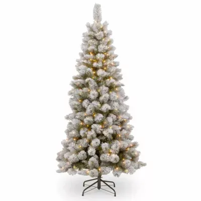 National Tree Co. Snowey Bristle Pine Slim 7 1/2 Foot Pre-Lit Flocked Pine Christmas Tree