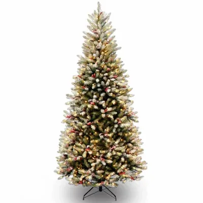 National Tree Co. Dunhill Fir Slim Hinged 7 1/2 Foot Pre-Lit Flocked Fir Christmas Tree