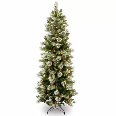 National Tree Co. Wintry Pine Slim 7 1/2 Foot Pre-Lit Flocked Pine Christmas Tree