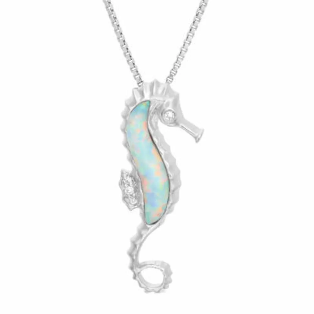 Seahorse Womens Diamond Accent Lab Created White Opal Sterling Silver Pendant Necklaces