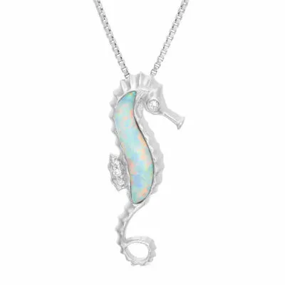 Seahorse Womens Diamond Accent Lab Created White Opal Sterling Silver Pendant Necklaces