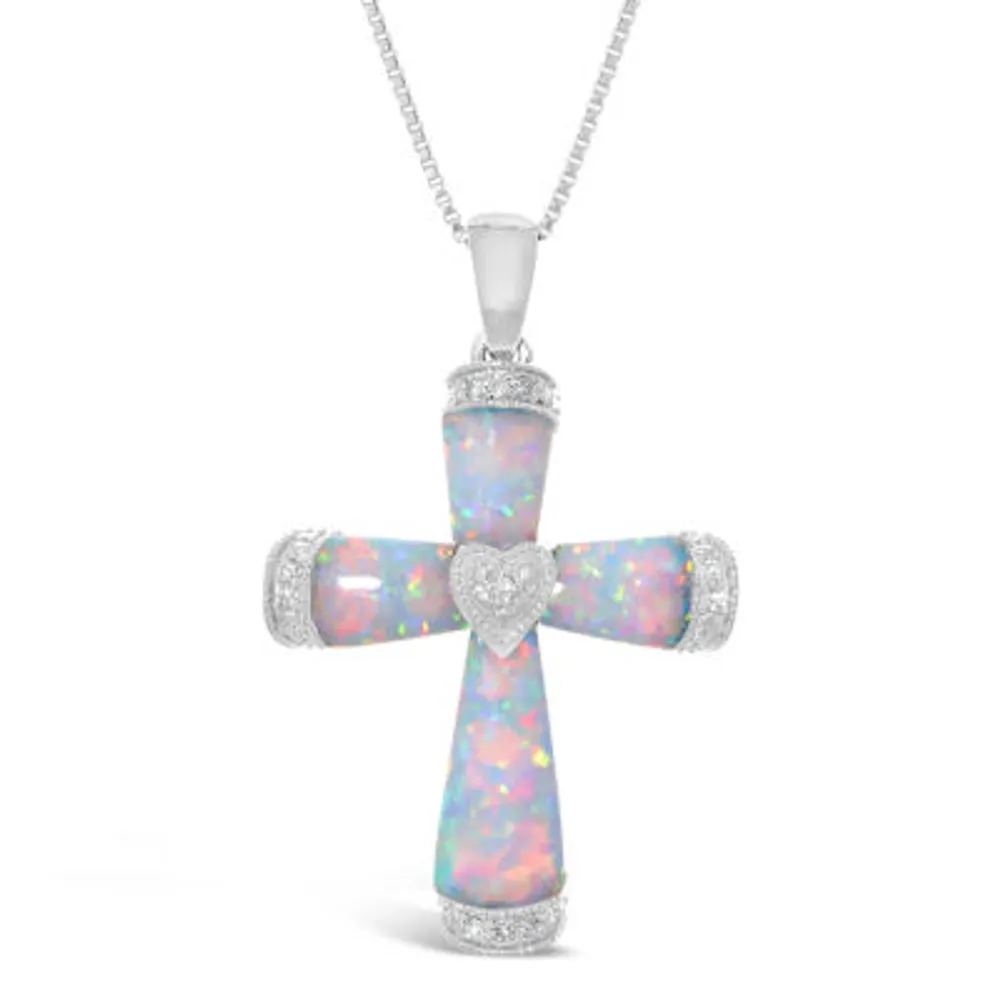 Womens Diamond Accent Lab Created White Opal Sterling Silver Cross 18 Inch Pendant Necklace