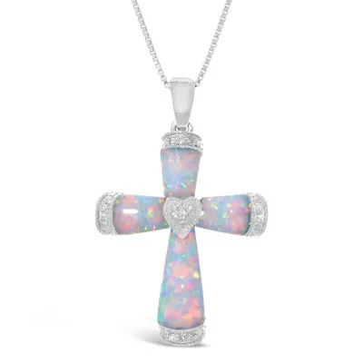 Womens Diamond Accent Lab Created White Opal Sterling Silver Cross 18 Inch Pendant Necklace