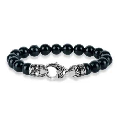 Genuine Black Agate Stainless Steel Beaded Bracelet