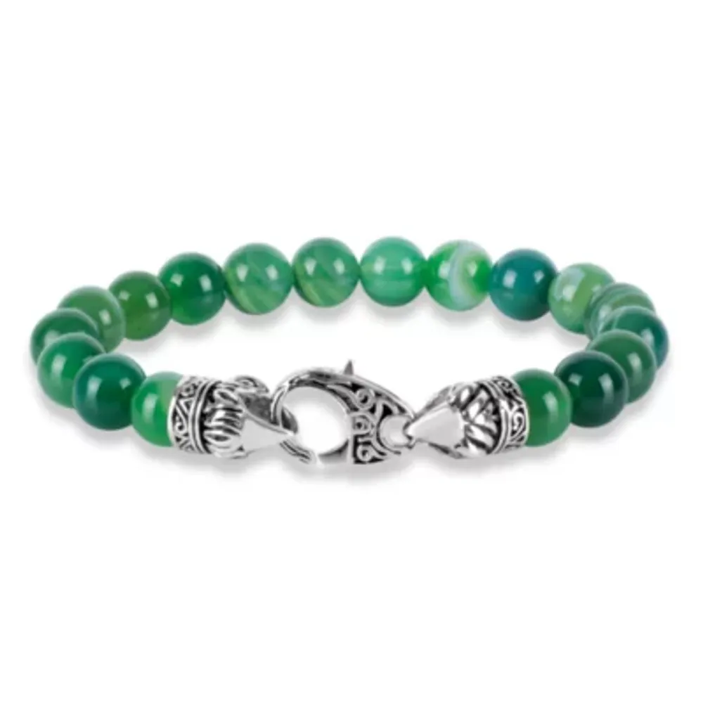 Genuine Green Agate Stainless Steel Beaded Bracelet