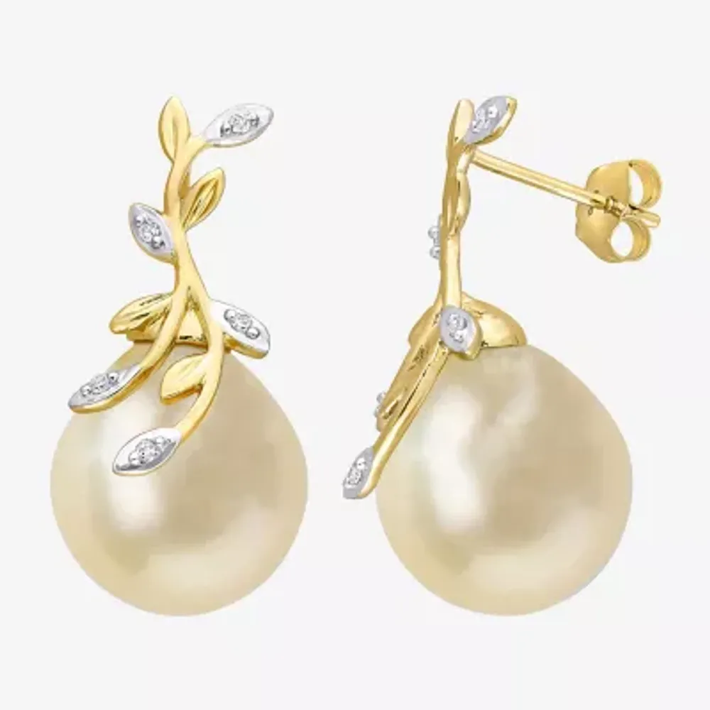 Diamond Accent White Cultured South Sea Pearl 14K Gold Drop Earrings