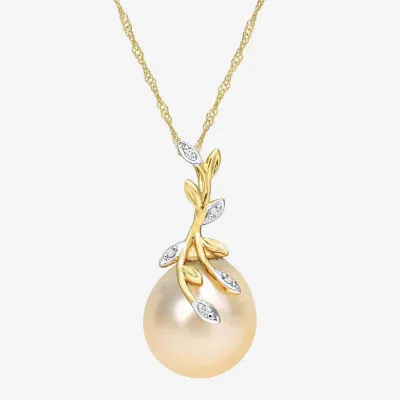 Womens Diamond Accent White Cultured South Sea Pearl 14K Gold Pendant Necklace