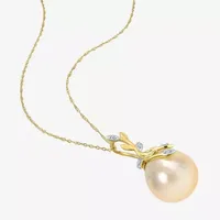 Womens Diamond Accent White Cultured South Sea Pearl 14K Gold Pendant Necklace