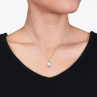 Womens Diamond Accent White Cultured South Sea Pearl 14K Gold Pendant Necklace