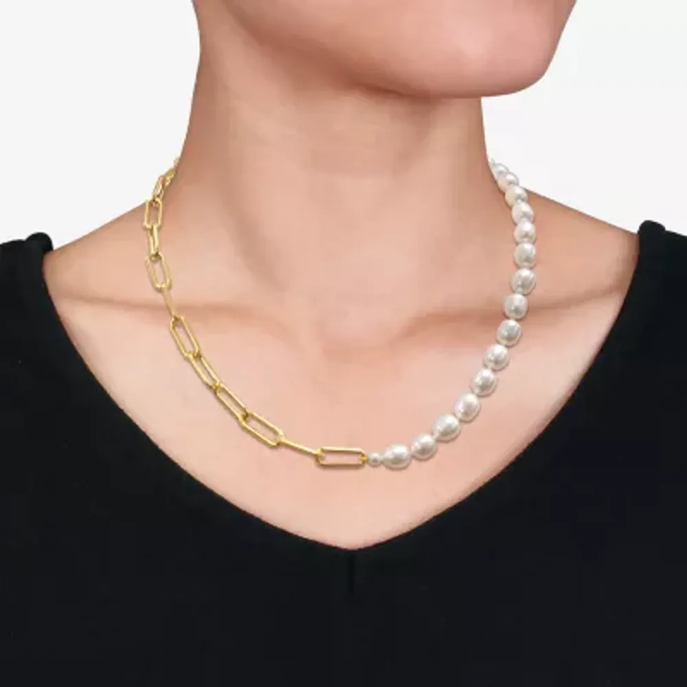 Womens White Cultured Freshwater Pearl 18K Gold Over Silver Strand Necklace