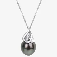 Womens Diamond Accent Black Cultured Tahitian Pearl 14K White Gold Pendant Necklace