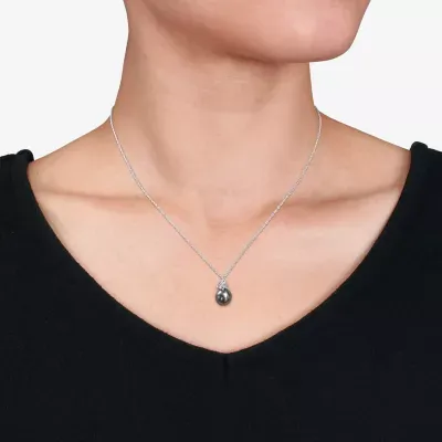 Womens Diamond Accent Black Cultured Tahitian Pearl 14K White Gold Pendant Necklace