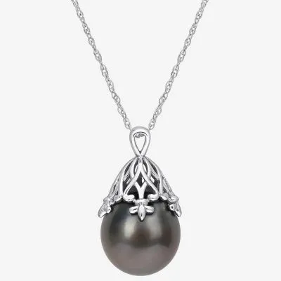 Womens Black Cultured Tahitian Pearl 14K White Gold Pendant Necklace