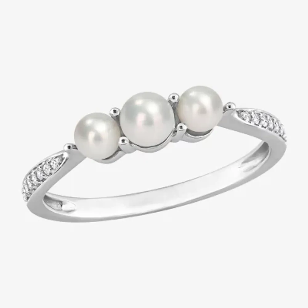 Womens Diamond Accent 4MM White Cultured Freshwater Pearl 14K Gold Cocktail Ring