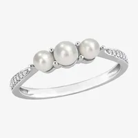 Womens Diamond Accent 4MM White Cultured Freshwater Pearl 14K Gold Cocktail Ring