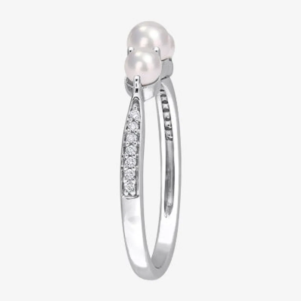 Womens Diamond Accent 4MM White Cultured Freshwater Pearl 14K Gold Cocktail Ring