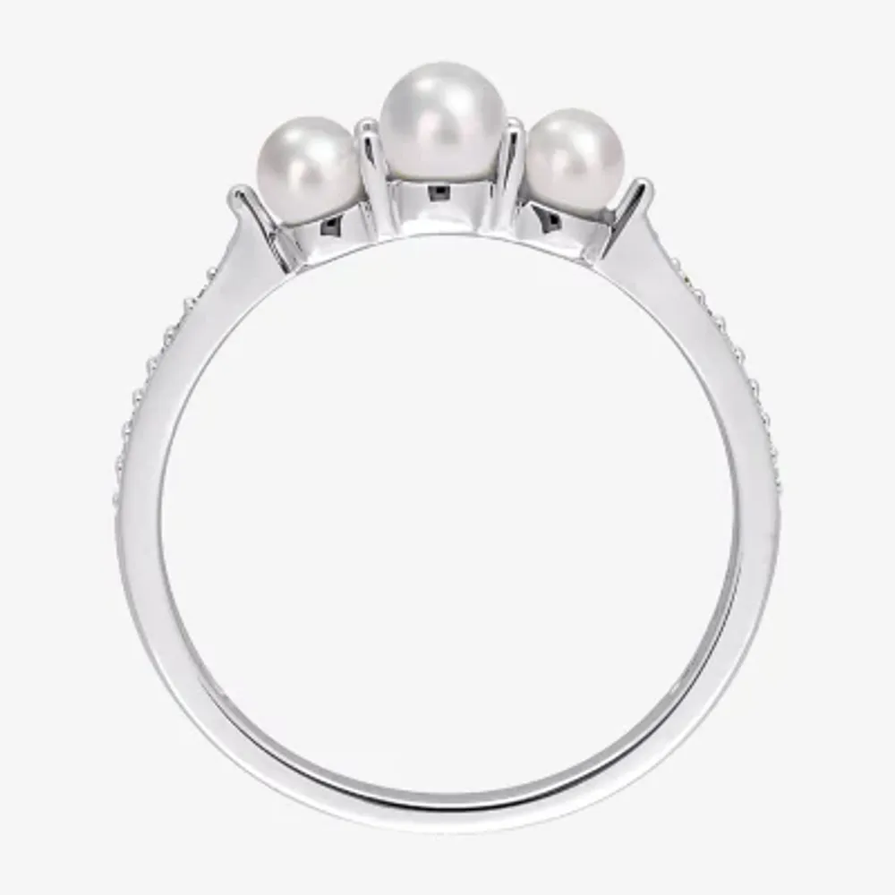 Womens Diamond Accent 4MM White Cultured Freshwater Pearl 14K Gold Cocktail Ring