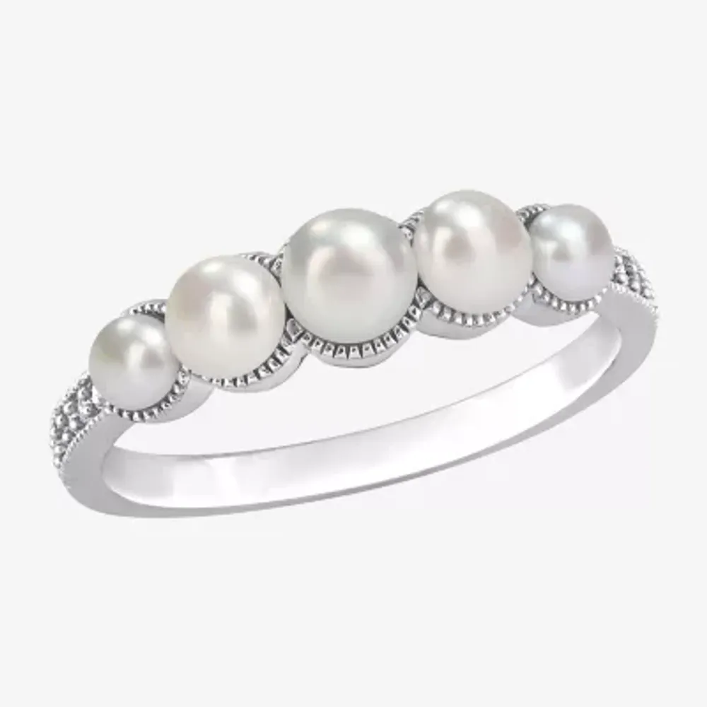 Womens Diamond Accent 4.5MM White Cultured Freshwater Pearl 14K Gold Cocktail Ring